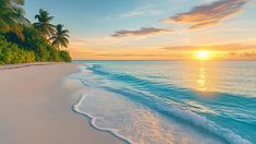 the sun is setting over an ocean with palm trees on the shore and waves coming in