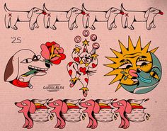 an old school tattoo design with dogs and cats on it's sides, from the 1950's