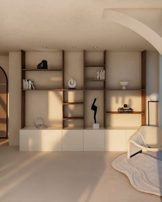a living room filled with furniture and bookshelves next to a doorway in the wall