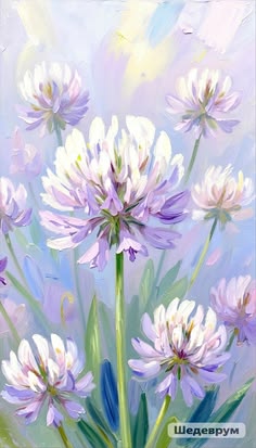 an oil painting of purple and white flowers