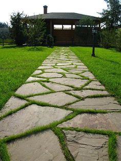 a stone path in front of a gazebo with grass growing on the walkway and lawn