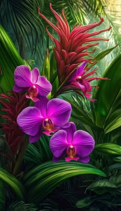 purple flowers and green leaves in the jungle