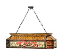 a stained glass hanging light fixture with the word pizza on it's front panel
