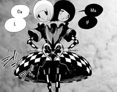 an image of a cartoon character sitting on top of a chair with two speech bubbles above it