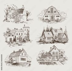 four different types of houses in the style of pencil drawing on paper, each with an image
