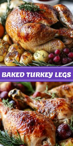 This Pin showcases easy baked turkey legs with crispy skin and a beautiful golden-brown color. It's an oven-roasted recipe perfect for holidays or family dinners. This pin visually promises a juicy and delicious meal.
