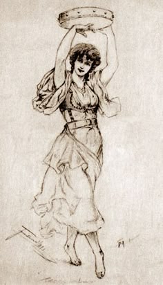 a drawing of a woman holding a frisbee in one hand and wearing a dress on the other