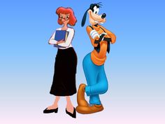the goofy and minnie mouse characters are standing next to each other