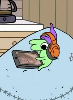 a cartoon character laying in bed with headphones on and looking at a cell phone