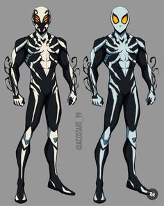 two different types of spider - man suits, one with yellow eyes and the other black