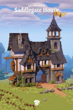 an image of a large house in the middle of a field with sheep grazing on it