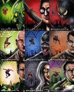 the amazing spider - man movie poster is shown in multiple different colors and sizes, including one