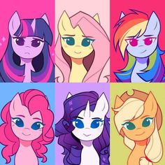 four different colored ponys are shown in the same color scheme, each with different hair colors