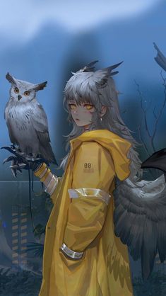a girl in yellow is holding an owl