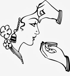 a black and white drawing of a woman's face holding a cup in her hand