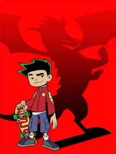 a cartoon character holding a skateboard in front of a shadow on a red background