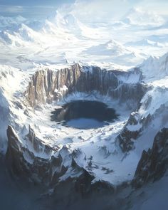 an aerial view of snow covered mountains with a lake in the middle surrounded by clouds