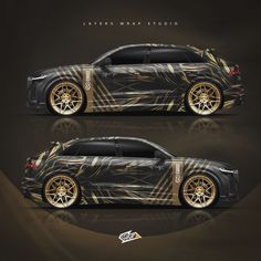 the side and back view of a black car with gold rims