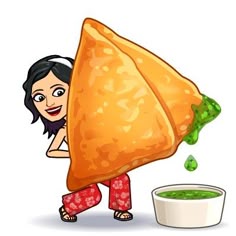 a woman holding up a giant piece of food next to a bowl of green soup