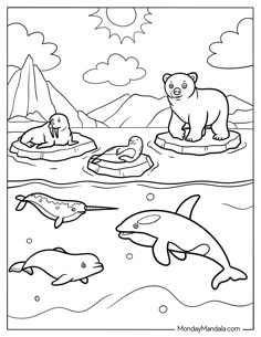 the polar bear and other animals are swimming in the water with their parents coloring pages