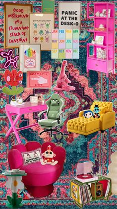 a collage of colorful furniture and pictures on the wall