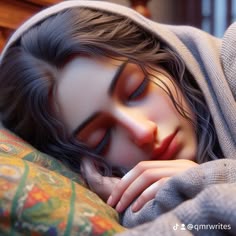 a woman laying on top of a bed covered in a blanket next to a pillow