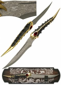 three different types of knifes and knives with gold accents on the handles, two are black and one is red