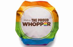 the proud whopper logo is on top of a rainbow colored paper bag that says, what's the proud whopper?