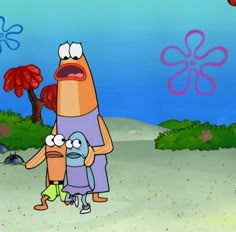 an animated cartoon character with two other characters in front of trees and blue sky behind him