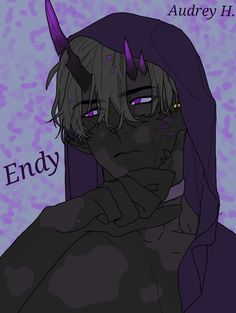 an anime character with purple hair and horns on his head is staring at the camera