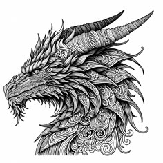 an intricately designed dragon head with long horns and large, sharp beaked feathers
