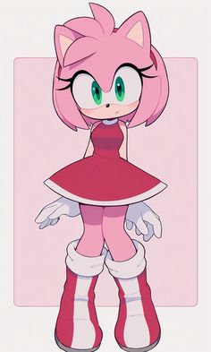 an image of a cartoon character with pink hair and green eyes wearing a red dress