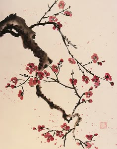 a painting of a branch with red flowers on it