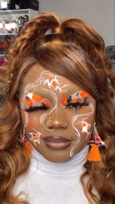 Koi Fish Hair, Koi Fish Costume, Goldfish Makeup Halloween, Koi Fish Hair Dye, Koi Makeup, Lipstick Koi Fish, Goldfish Makeup, Koi Fish Makeup, Fish Makeup Looks