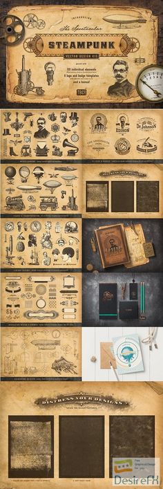 a bunch of different types of paper with some writing on them, and the words steam punk written in it