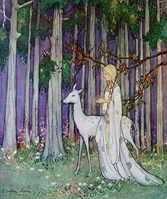 a painting of a girl and a deer in the woods