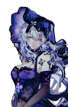 an anime character with long hair and blue eyes wearing a purple dress, holding her hand on