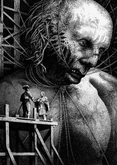 an image of a creepy creature with chains on it's face and two children standing in front of him