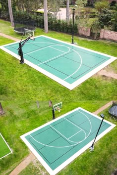 an aerial view of two basketball courts in the middle of a park with grass and trees