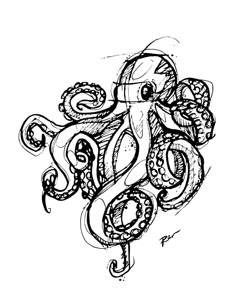 an ink drawing of an octopus with tentacles and flowers on it's back end