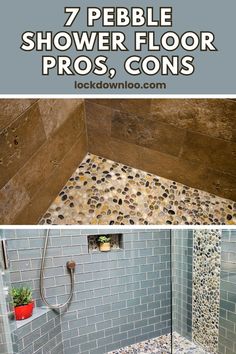 the bathroom is decorated in pebbles and has a walk in shower with stone flooring