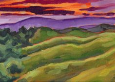 an oil painting of green hills and trees under a purple sky with clouds in the distance
