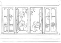 a line drawing of an open window with potted plants on the windowsills