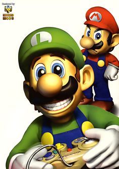 an image of mario and luigi with the nintendo logo on his chest, holding a game controller