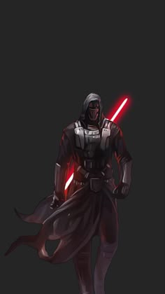 darth vader standing in front of a dark background with red lights on it