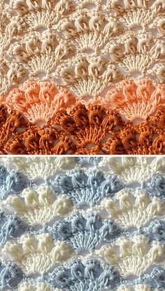 two different crocheted patterns, one orange and the other blue