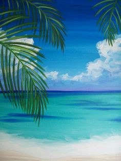 an image of a beach scene with palm trees and the ocean painted in acrylic paint