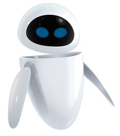 a white robot with blue eyes is in the air