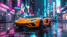 a yellow sports car parked in the middle of a city at night with neon lights