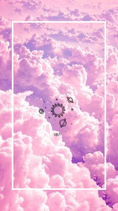 the sky is filled with pink clouds and white square frames above them are small objects